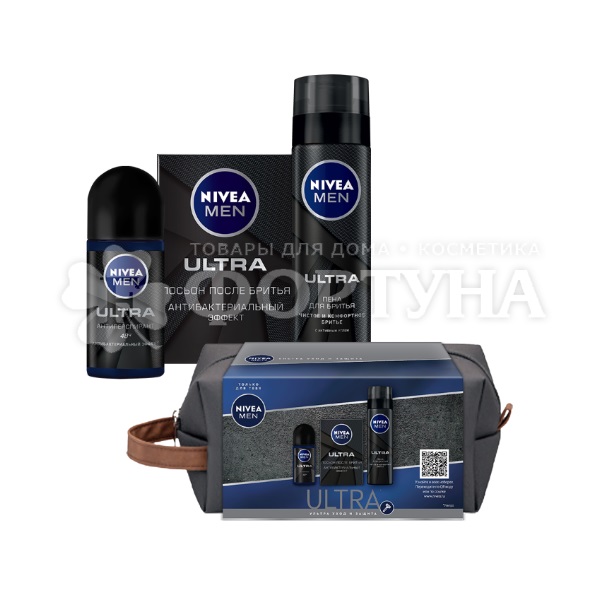 Набор Nivea Ультра в косметичке мужской (пена для бритья + лосьон после бритья + дезодорант)