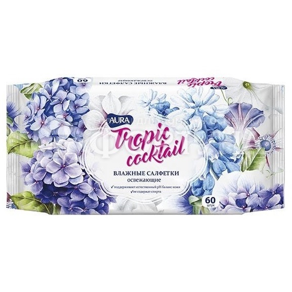 Салфетки влажные AURA Tropic Cocktail 60 шт освежающие (цвета в ассортименте)