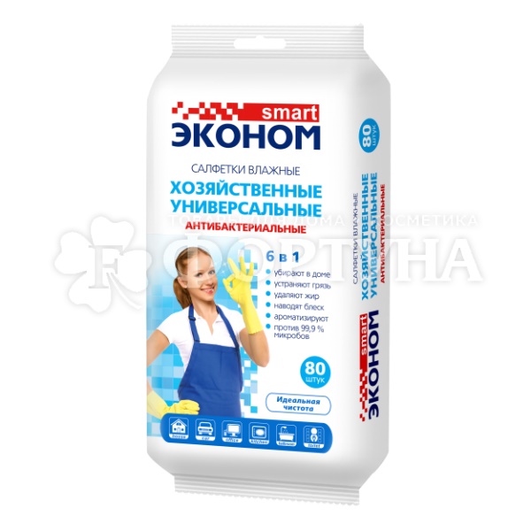 Салфетки влажные ЭКОНОМ Smart 80 шт хозяйственные антибактериальные 6 в 1
