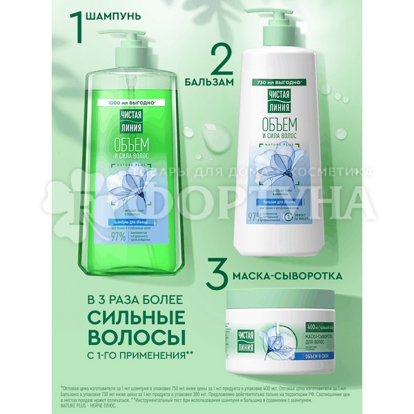 Шампунь Чистая линия 1000 мл Лен и пшеница Объем и сила