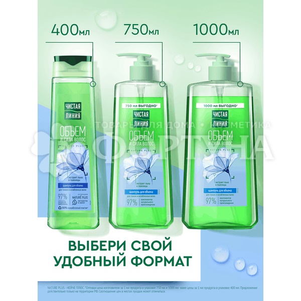 Шампунь Чистая линия 1000 мл Лен и пшеница Объем и сила