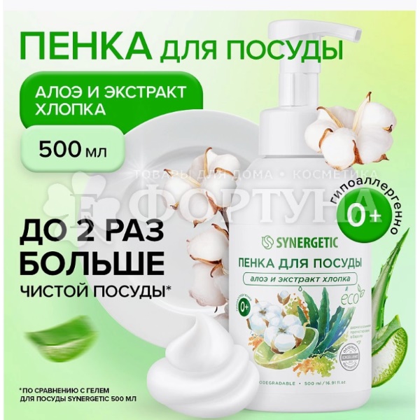 Моющее средство для посуды SYNERGETIC 500 мл пена для посуды Алоэ и Хлопок