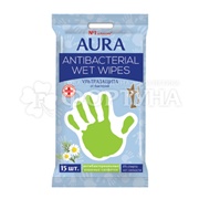 Салфетки влажные AURA 15 шт Антибактериальные ромашка/лимон