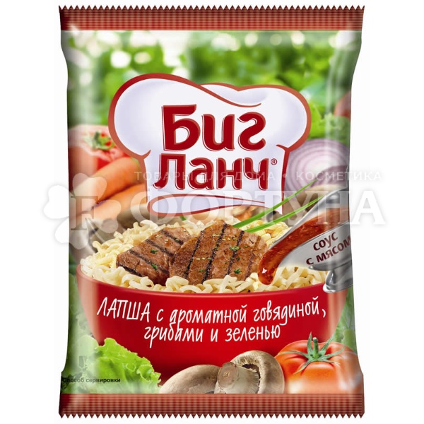 Лапша быстрого приготовления Биг Ланч 75 г с говядиной, грибами и зеленью брикет