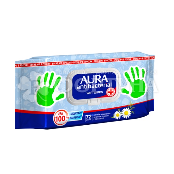 Салфетки влажные AURA 72 шт Антибактериальные ромашка с крышкой